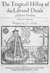Title page to a 1620 printing of Doctor Faustus showing Faustus studying and a demon rising through a stage trap door.