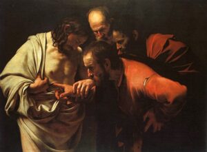Thomas inspects the wounds of Jesus to confirm his faith.