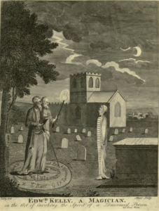 Edward Kelly, a magician. In the act of invoking the spirit of a deceased person.