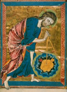 Wikipedia: "God shapes the universe with the aid of a compass. Within the perfect circle already created are the spherical sun and moon and the unformed matter that will become the earth once God applies the same geometric principles to it." https://en.wikipedia.org/wiki/Bible_moralis%C3%A9e
