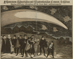 Great Comet of 1577. Woodcut by Jiri Daschitzsky, Von einem Schrecklichen und Wunderbahrlichen Cometen so sich den Dienstag nach Martini M. D. Lxxvij. Jahrs am Himmel erzeiget hat (Prague (?): Petrus Codicillus a Tulechova, 1577)