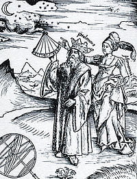 Claudius Ptolemy (AD c100-170) guided by Urania, the muse Astronomy in Margarita Philosophica (1508) by Gregor Reisch. Ptolemy measures the stars and Astronomy as a tall, robed woman stands behind him, pointing.